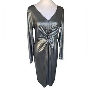 NWT Harper Rose Metallic Gunmetal Long Sleeve Ruched Center Dress Size 10